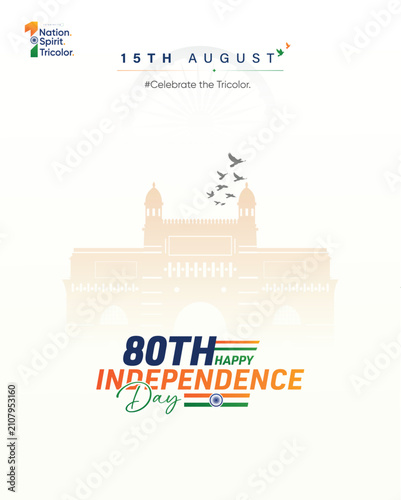 Modern 80th Independence Day of India 2026 poster featuring Red Fort illustration, 80th Independence Day typography, flying birds, and a clean patriotic design. Perfect for greeting cards, posters, ba