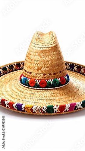 Festive woven hat with colorful pom-poms and woven trim