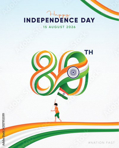 Fotografía Modern 80th Independence Day of India 2026 poster featuring creative tricolor 80 typography, Ashoka Chakra, Indian flag, and patriotic design