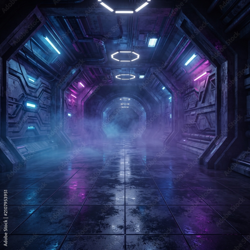 Fototapeta premium Smoke Fog Blue Purple Grunge Concrete Sci Fi Elegant Modern Futuristic Spaceship Underground Tunnel Hall Gallery Room Empty Space Tiled Floor Reflections Abstract Background Alien 3D Rendering
