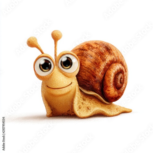 Cute Cartoon Snail With Large Eyes And Brown Shell On Isolated White Background