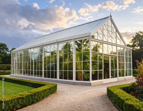 A large glass greenhouse filled with tropical plants on a sunny day