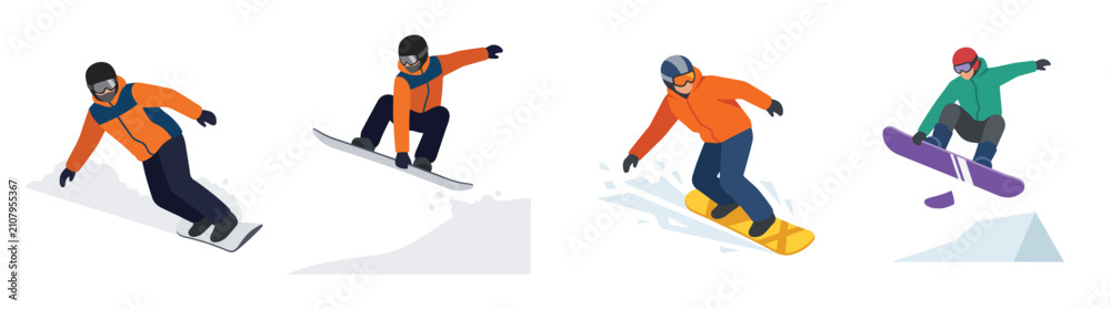 Fototapeta premium Isometric snowboarders collection showing extreme winter sports and snowboarding tricks