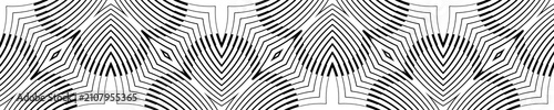 Elegant seamless optical illusion pattern featuring curved concentric lines, diamond shapes, and symmetrical geometric forms. Ideal for luxury textiles, wallpapers, packaging, fashion prints, branding