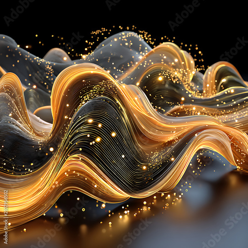 Golden metallic wireframe spheres and torus, 3 d rendering