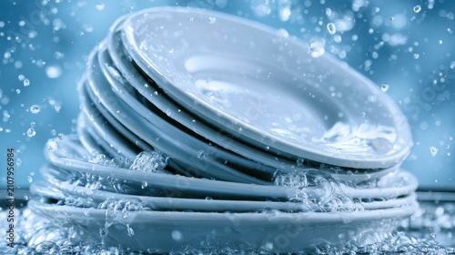 Kitchen hygiene concept with washing dishes after family meal.