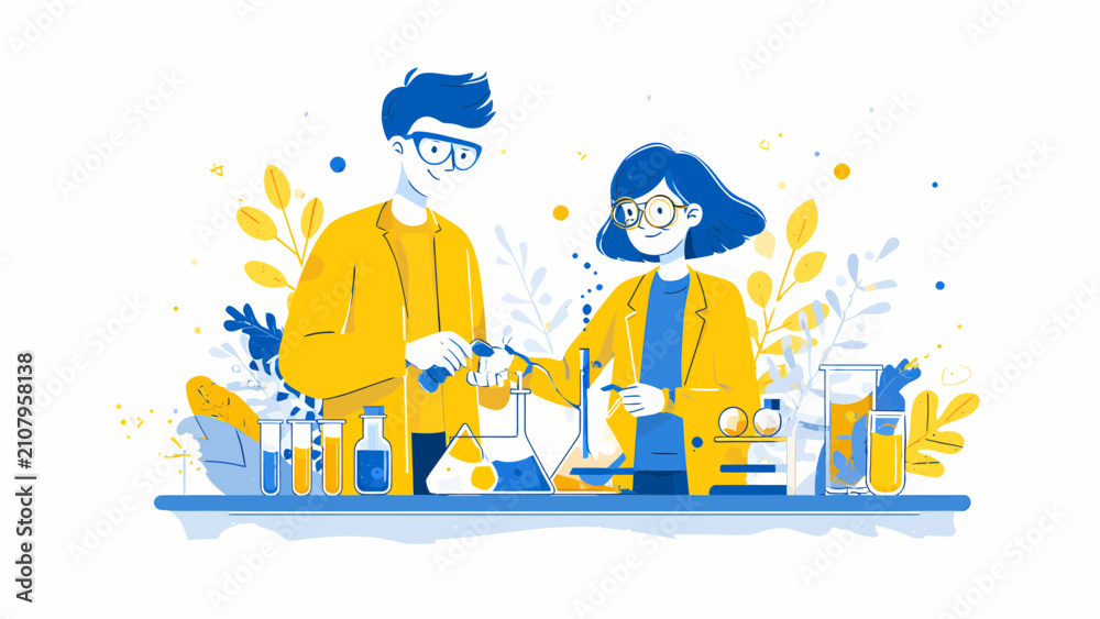 Naklejka premium Scientists conducting chemical research in a laboratory setting demonstrate the collaborative spirit of academic discovery and scientific innovation.