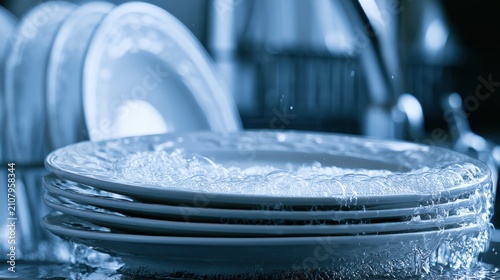 Clean dishes drying after washing in a modern kitchen.