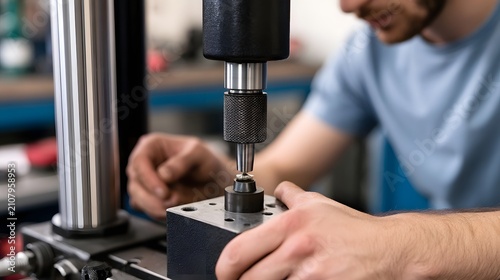 A person operating a hardness testing hine on a metal block with focused precision and industrial equipment detail