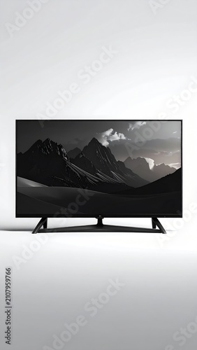 A modern black television displays a dramatic black and white mountain landscape