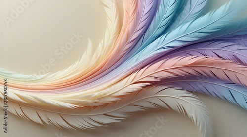 Abstract composition with delicate colorful feathers arranged in wave pattern on cream background. Soft pastel blue pink, purple plumage blend smoothly together. Aesthetic modern design elements