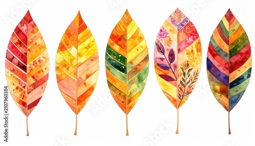 Five watercolor leaves, patterned with vibrant autumnal color stripes and floral designs