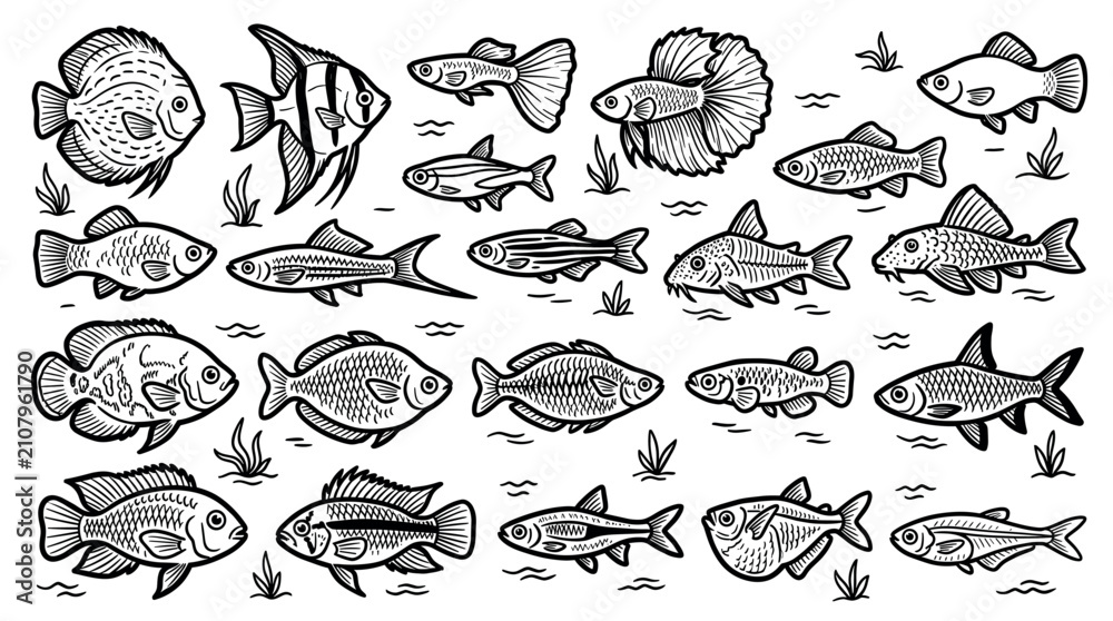 Obraz premium Various hand-drawn tropical aquarium fish species are depicted in a playful black and white cartoon style on a clean white background