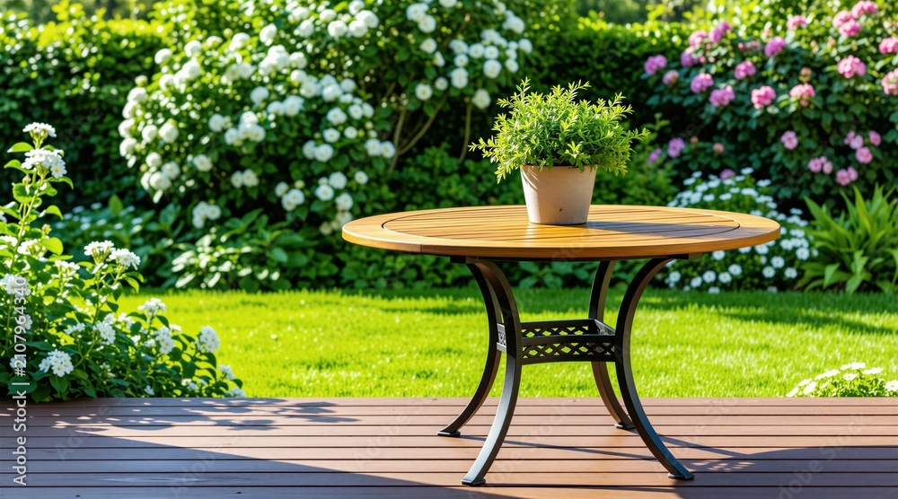 Obraz premium Wooden table with green potted plant sits on deck. Lush garden offers white and pink flowers. Sunny day brightens the lawn. Peaceful outdoor scene, perfect for relaxation.