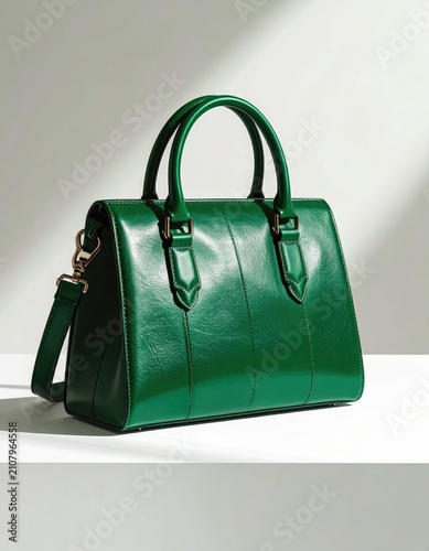 A glossy emerald green leather handbag with dual top handles and a detachable strap