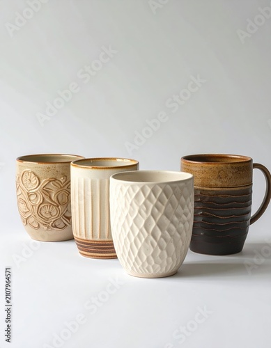 Four handcrafted ceramic cups with textured surfaces on a white background