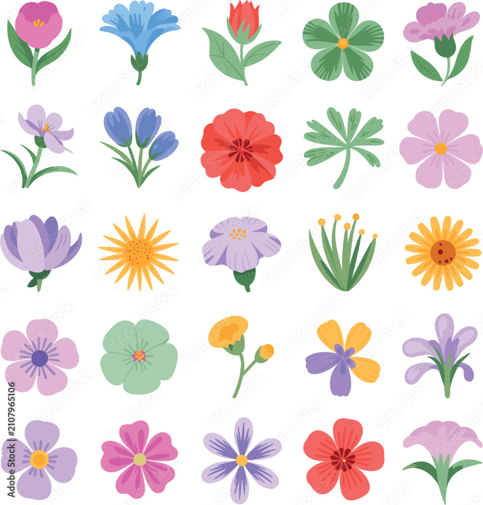 Fototapeta premium Spring Flower Collection, Colorful Botanical Blossom Vector Icon Set for Garden Floral Design Illustration Pack Isolated