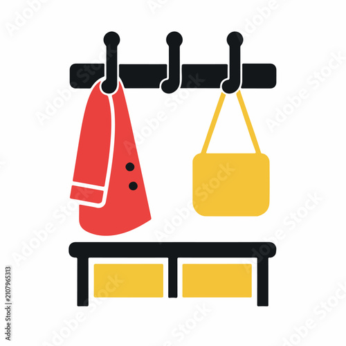 Minimalist hallway coat rack vector icon, modern cloakroom furniture with red jacket and yellow bag, home entryway storage illustration