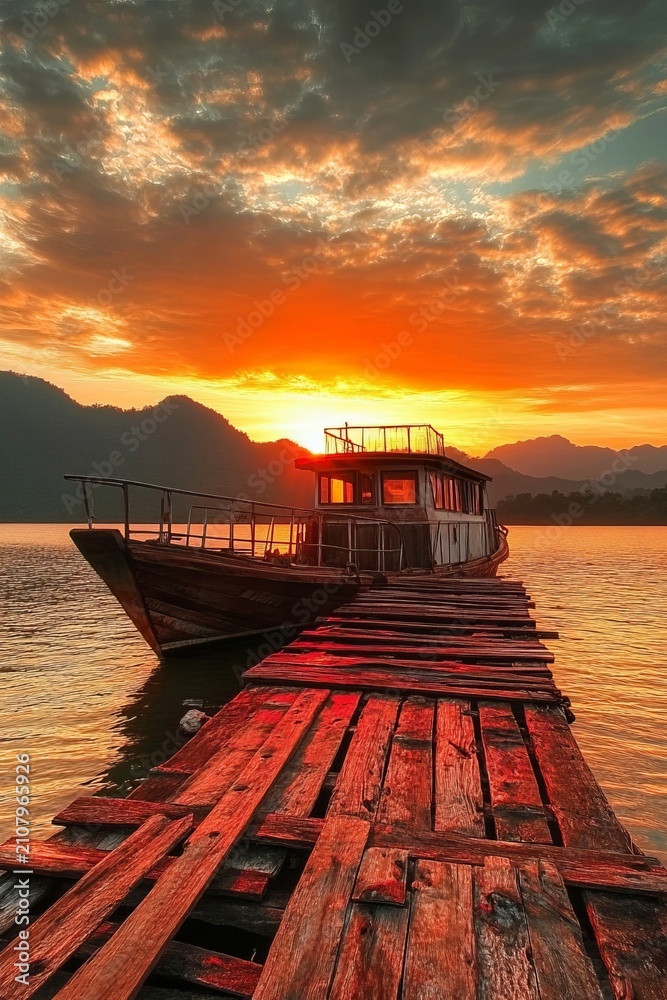 Fototapeta premium Traditional Wooden Fishing Boat Moored at a Rustic Pier During a Scenic Golden Sunset Landscape View