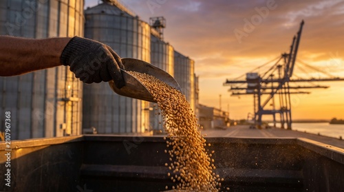 Fotografía Worker pouring soybeans into container during harvest