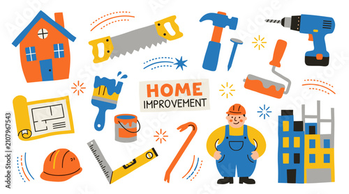Set of home improvement and construction icons with repair tools, a worker, building house plans, and renovation symbols, flat illustration style