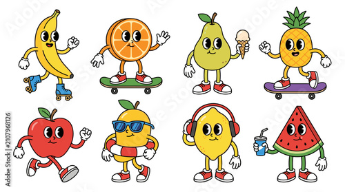 Set of retro fruit characters performing various summer activities, including skateboarding, roller skating, and eating, colorful vintage sticker