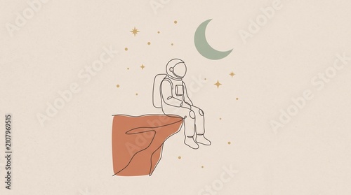 Aesthetic Stargazing Astronaut on Cliff with Crescent Moon and Stars Vector
