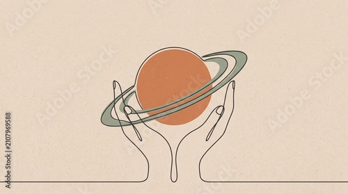 Aesthetic Boho Hands Holding Terracotta Planet Vector with Copy Space