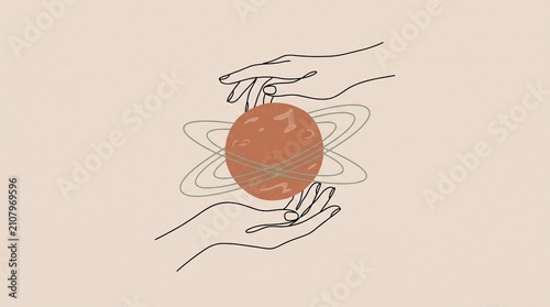 Minimalist Continuous Line Art of Hands Holding Ringed Planet Vector