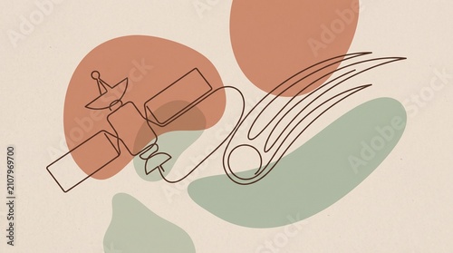 Abstract Space Satellite and Shooting Comet Tail Continuous Line Art
