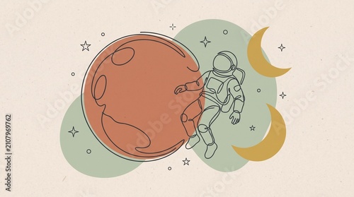 Boho Astronaut Sitting on Terracotta Planet Vector Graphic with Copy Space
