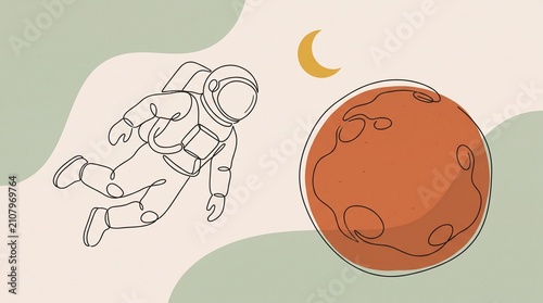 Minimalist Astronaut Floating Near Terracotta Planet in Continuous Line Art