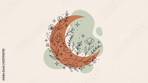Celestial Boho Crescent Moon with Botanical Wildflowers Line Art Background