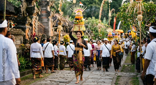 Traditional Balinese ceremony procession with people in cultural dress