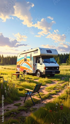 RV parked in sunny meadow, surrounded by flowers, trees, and blue sky