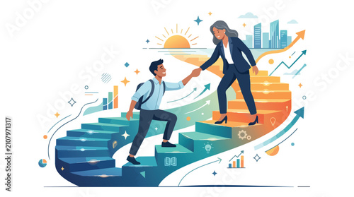 Business mentor helping a young student climb the stairs to professional success.
