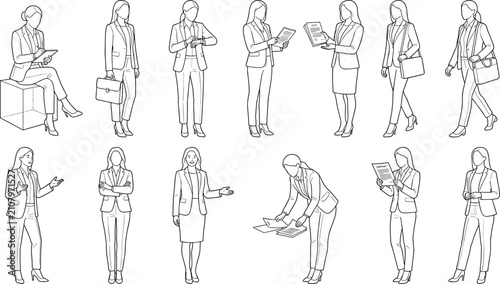 Businesswoman Line Art Character Set with Professional Office Poses, Briefcase, Documents and Corporate Activities