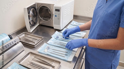 dental instruments sterilization autoclave dentistry hygiene clinic equipment disinfection tools Instruments await sterile processing supporting infection control safety and professional healthcare