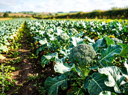 Lush green broccoli plants growing in a vast agricultural field under a sunny sky, showcasing healthy produce and vibrant foliage in a rural farming landscape during a bright summer day