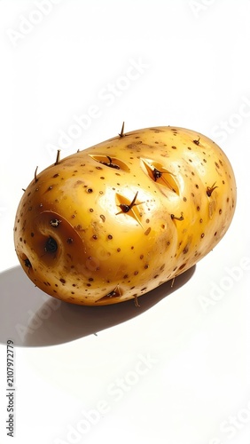 A single, textured potato with sprouts, casting a shadow against white