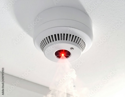 White ceiling-mounted detector emitting red light and smoke