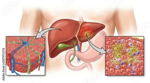 Organ system pathology: liver disease, viral hepatitis, cellular inflammation, hepatocyte damage, normal structure, tissue change, medical comparison, health concept, organ function, body ailment.