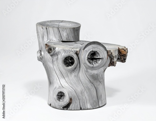 Rustic chair crafted from a single, weathered wood stump with prominent knots