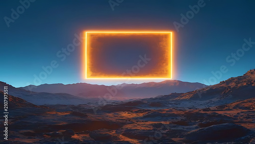 Orange glowing rectangle hovering over rocky alien landscape