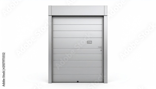 Sleek, modern, silver, horizontally paneled garage door with handle