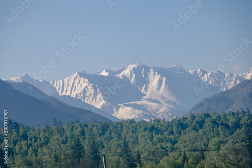 Принти на полотні Majestic snowcapped mountain range rising above dense green pine forest under bl