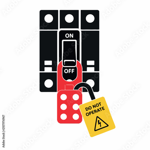 Industrial lockout tagout procedure vector, electrical circuit breaker with red safety padlock, do not operate warning tag for maintenance