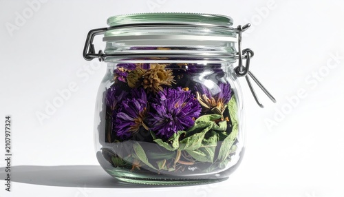 Transparent glass jar filled with vibrant dried purple flowers and greenery