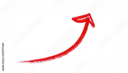 A bright red, hand-drawn arrow curves upward against a clean white background