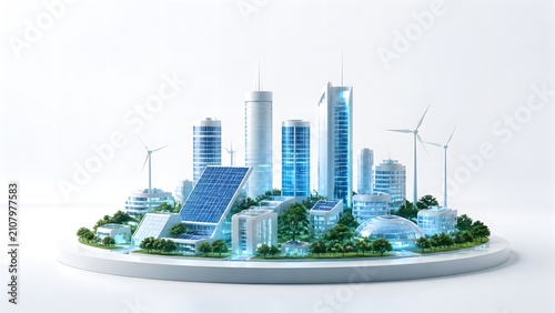 Futuristic 3D render of a sustainable smart city model on a circular platform featuring solar panels, wind turbines, modern skyscrapers, and green trees on a clean white studio background.